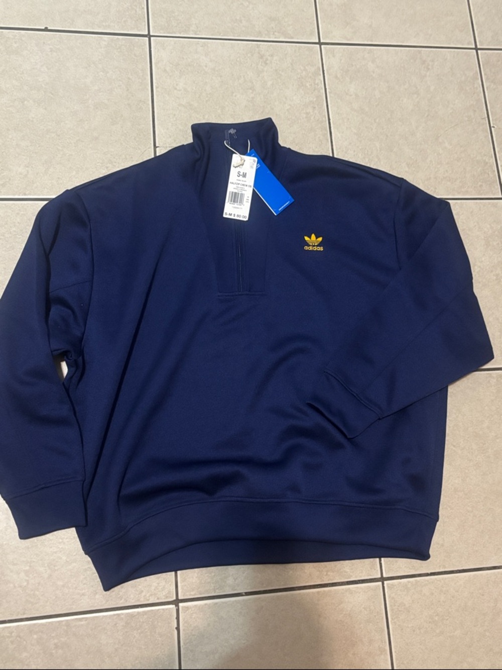 adidas Men's Navy Quarter-Zip Sweater with Gold Trefoil